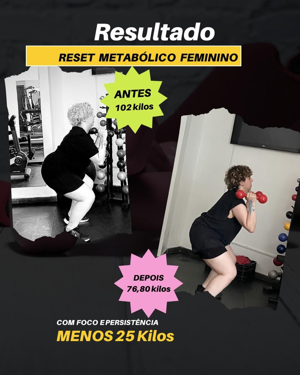 Resultado real da mentoria com evolução de menos 25 quilos